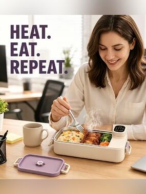 Electric Portable Lunch Box Cooker - Cream with Purple Lid
